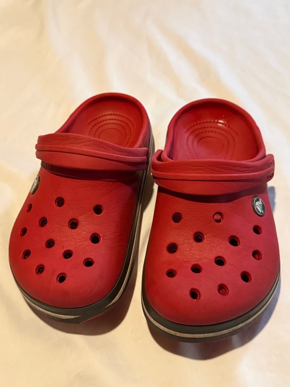 Red, Blue and White Kids Clog Shoes - Crocs Slip-On Great for outdoor play J2